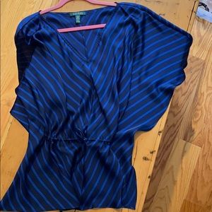 Dark blue and colbalt blue striped flowy silky top